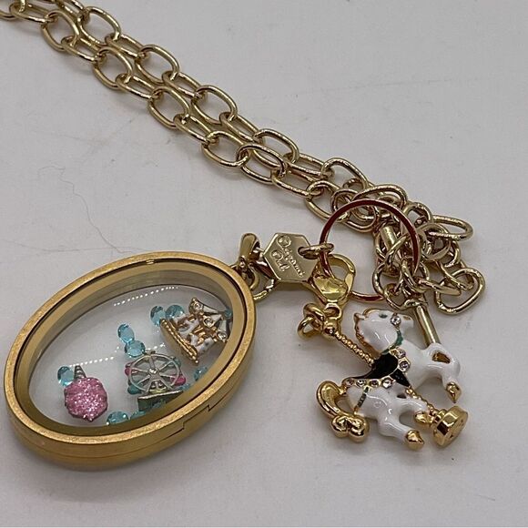 Limited Edition Origami Owl Gold Toned Oval Pendant Locket Necklace with Charms - Picture 3 of 5